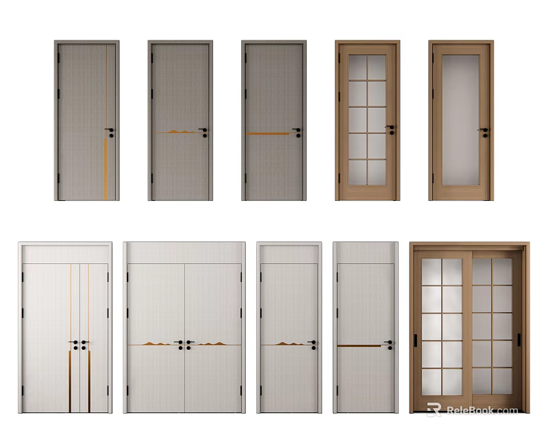 Modern Swing Doors With Glass And Solid Panels In Gray Beige Brown Colors 3d model 