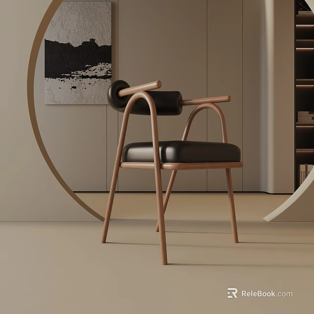 Modern Leisure Chair With Wooden Armrests Black Leather Cushion And Curved Decor In Indoor Setting 3d model 