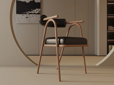 Modern Leisure Chair With Wooden Armrests Black Leather Cushion And Curved Decor In Indoor Setting 3d model