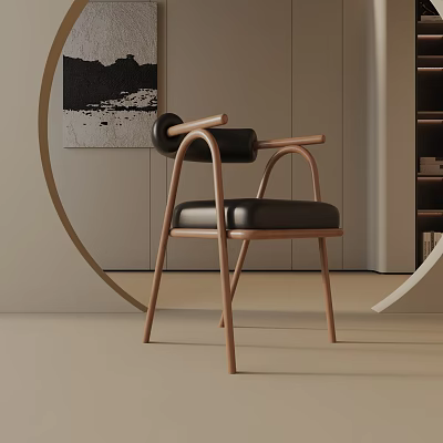 Modern Leisure Chair With Wooden Armrests Black Leather Cushion And Curved Decor In Indoor Setting 3d model