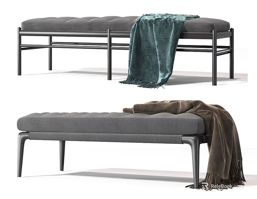 Stylish Gray Sofa Bench With Green Brown Blanket And Metal Legs 3d model 