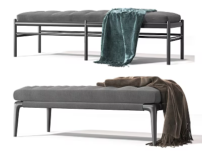 Stylish Gray Sofa Bench With Green Brown Blanket And Metal Legs 3d model