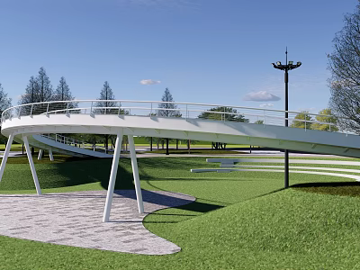 Modern White Landscape Bridge in Park with Green Lawn Trees and Street Lamp 3d model