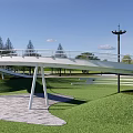 Modern White Landscape Bridge in Park with Green Lawn Trees and Street Lamp