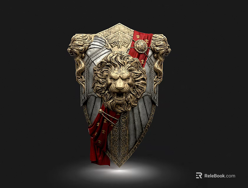 Ornate Medieval Shield with Intricate Lion Head Design Golden Accents and Red Ribbon Details 3d model 