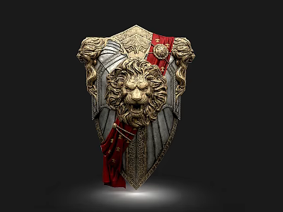 Ornate Medieval Shield with Intricate Lion Head Design Golden Accents and Red Ribbon Details 3d model