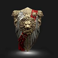 Ornate Medieval Shield with Intricate Lion Head Design Golden Accents and Red Ribbon Details