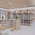 Bright Modern Bookstore Interior With Bookshelves Circular Counter And Yellow Chairs