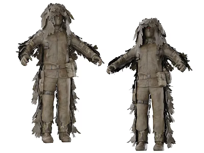 Game And Movie Characters in Brown Camouflage Suits With Cloth Strips And Leaf Decorations 3d model
