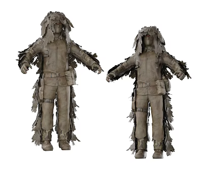 Game And Movie Characters in Brown Camouflage Suits With Cloth Strips And Leaf Decorations 3d model