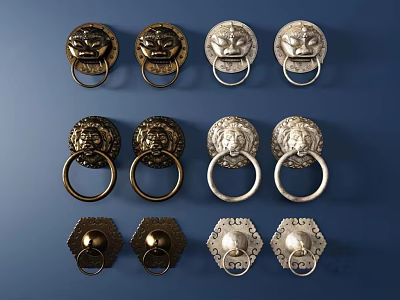Brass And Silver Metal Door Knockers With Decorative Vintage Designs And Ring Handles 3d model