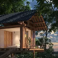 Wooden Guesthouse Building In Mountain Forest With Black Tiled Roof And Sunset View