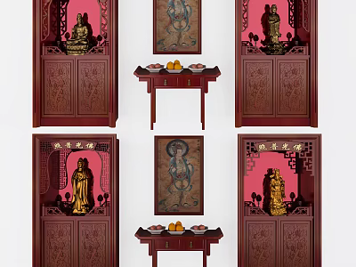 Traditional Chinese Wooden Carved Buddhist Shrine Cabinet With Buddha Statue Offerings And Red Decorations 3d model