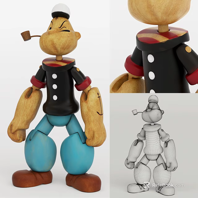 Wooden Doll with Black Top Red Cuffs Blue Pants Pipe and Striped Hat Wireframe Design 3d model 