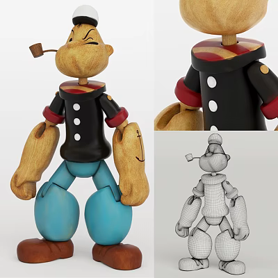 Wooden Doll with Black Top Red Cuffs Blue Pants Pipe and Striped Hat Wireframe Design 3d model
