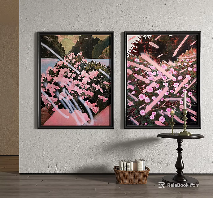 Wall Art Featuring Pink Flowers Green Background and Side Table with Candle Holder Books 3d model 