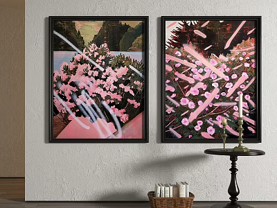 Wall Art Featuring Pink Flowers Green Background and Side Table with Candle Holder Books 3d model