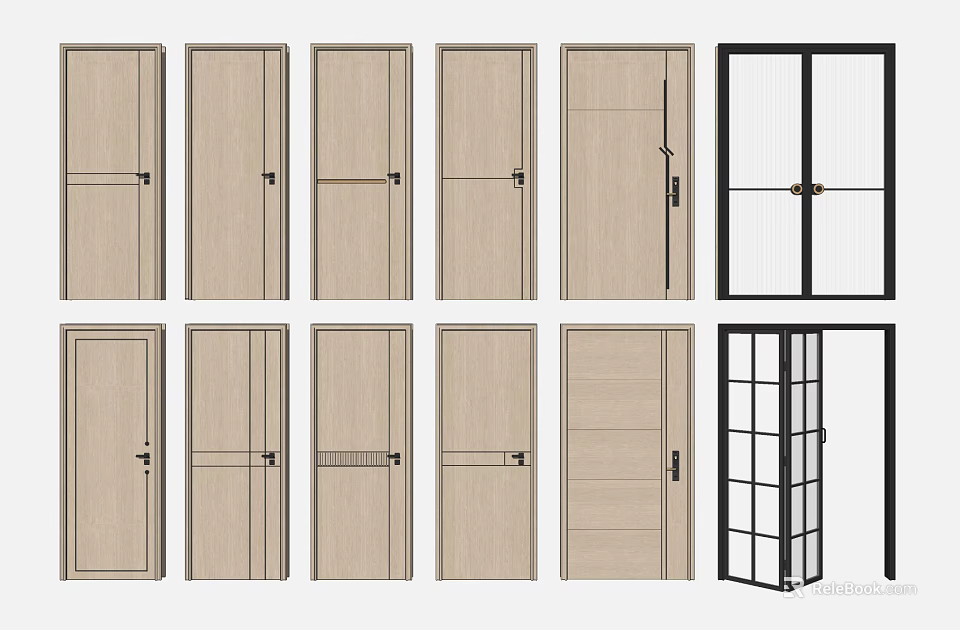 Various Hinged Doors With Wooden Finishes And Glass Panel Designs For Modern Home 3d model 