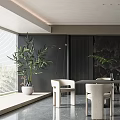 Modern Restaurant Dining Area With Round Table White Chairs Dark Wall And Green Plants