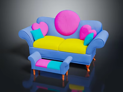 Colorful Blue Sofa Set with Yellow Cushions Heart Shaped Pillows and Matching Ottoman 3d model
