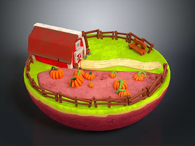 Scenic Miniature Landscape With Red Roof Barn Green Grass Wooden Fence And Pumpkin Patch 3d model