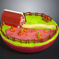 Scenic Miniature Landscape With Red Roof Barn Green Grass Wooden Fence And Pumpkin Patch