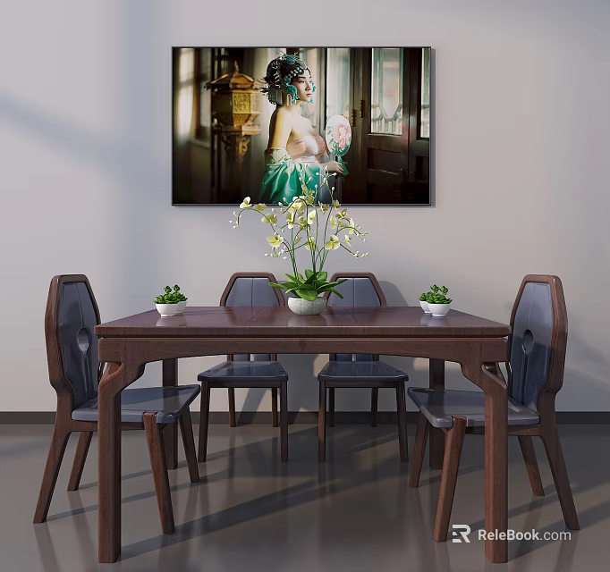 Traditional Chinese Dining Table Set With Chairs Flower Vase Small Plants And Wall Art 3d model 