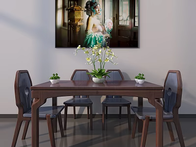 Traditional Chinese Dining Table Set With Chairs Flower Vase Small Plants And Wall Art 3d model