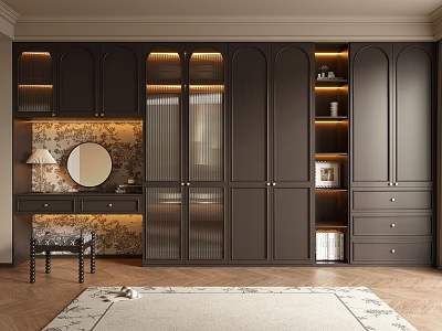 Modern Dark Wardrobe With Glass Doors Dressing Table Mirror Bookshelves And Drawers 3d model