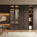 Modern Dark Wardrobe With Glass Doors Dressing Table Mirror Bookshelves And Drawers