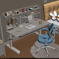 White Adjustable Kids Desk With Bookshelf Blue Chair And Study Supplies Lamp Notebook Pencils