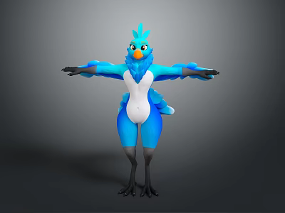 Blue Bird Game Character With White Belly And Orange Beak Standing With Arms Outstretched 3d model