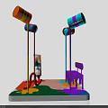 Colorful Playground Installation With Poles Purple Chair And Paint Splatters On Floor