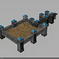 Medieval Castle Fortress With Gray Walls Blue Tower Tops Square Courtyard And Brown Ground
