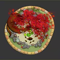 Game Movie Character Bonsai Scene With Red Maple Leaves Small Frog And Lotus Pond