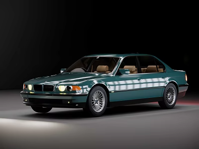 Green Classic BMW Sedan With Brown Interior Silver Wheels And Illuminated Headlights 3d model