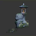 Little Monk Statue With Illuminated Lantern Small Flowers On Green Grass And Steps
