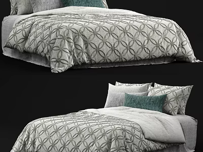 Double Bed Featuring Gray And White Geometric Pattern Bedspread And Green Throw Pillows 3d model