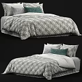 Double Bed Featuring Gray And White Geometric Pattern Bedspread And Green Throw Pillows 3d model