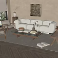 Modern White Sofa And Glass Coffee Table Set With Wooden Armchairs And Area Rug