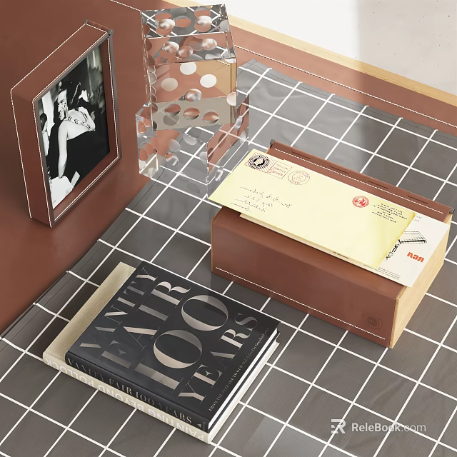 Decorative Ornament Set With Photo Frame Transparent Acrylic Decor Brown Box And Geometric Book 3d model 