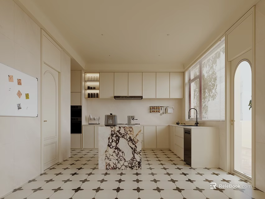 Modern Open Concept Kitchen Interior Design With Island Counter Cabinets And Patterned Floor 3d model