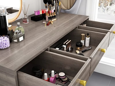 Modern Wooden Dressing Table With Open Drawers And Cosmetics On Top 3d model