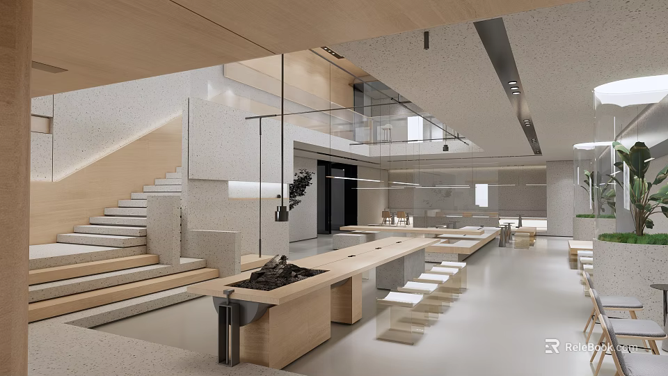 Modern Restaurant Interior With Wooden Staircase Long Tables And Minimalist Seats 3d model 