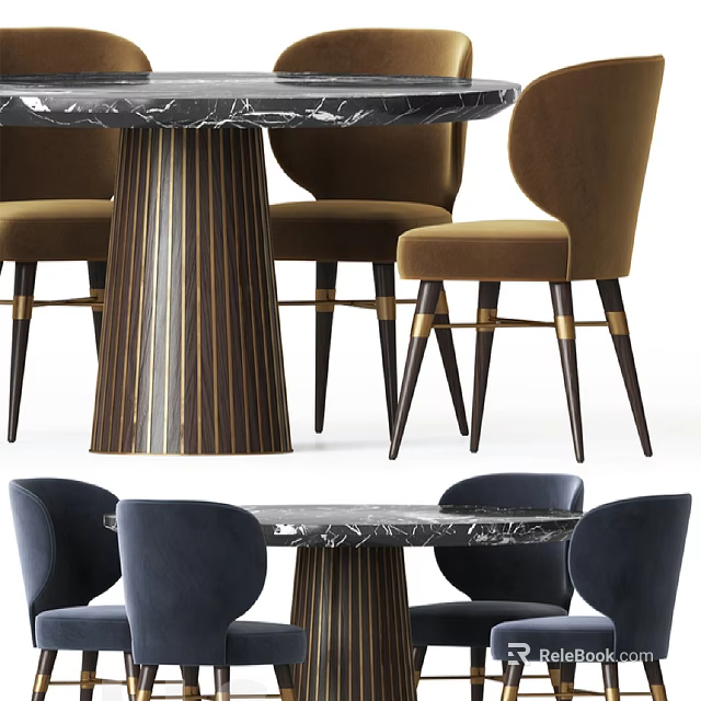 Modern Dining Table Set With Marble Top Gold Accent Legs And Velvet Chairs 3d model 