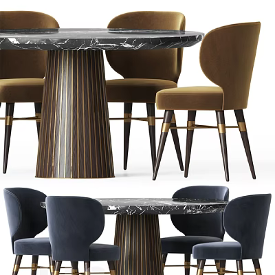 Modern Dining Table Set With Marble Top Gold Accent Legs And Velvet Chairs 3d model