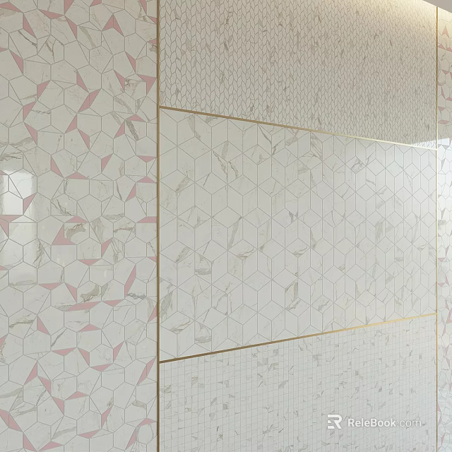 Stylish Interior Wall With Pink And White Hexagonal Marble Tiles And Gold Lines 3d model 