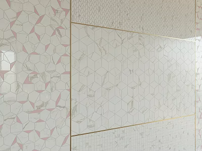 Stylish Interior Wall With Pink And White Hexagonal Marble Tiles And Gold Lines 3d model