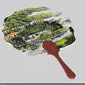 Traditional Chinese Fan Shaped Wall Hanging With Landscape Painting And Wooden Handle For Home Decor