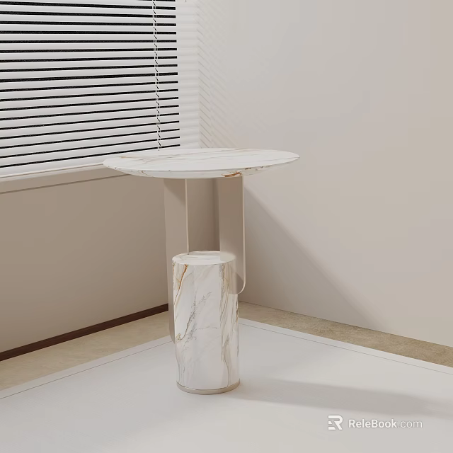 Modern Round Marble Side Table with Cylindrical Base in Minimalist Interior by Window 3d model